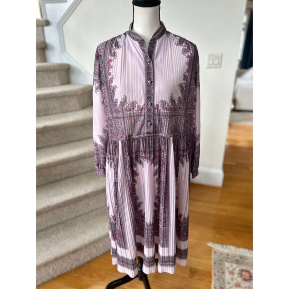 Vintage 70s Purple Lavender Paisley Semi Sheer Pleated Blouson Sleeve Dress - Picture 1 of 8
